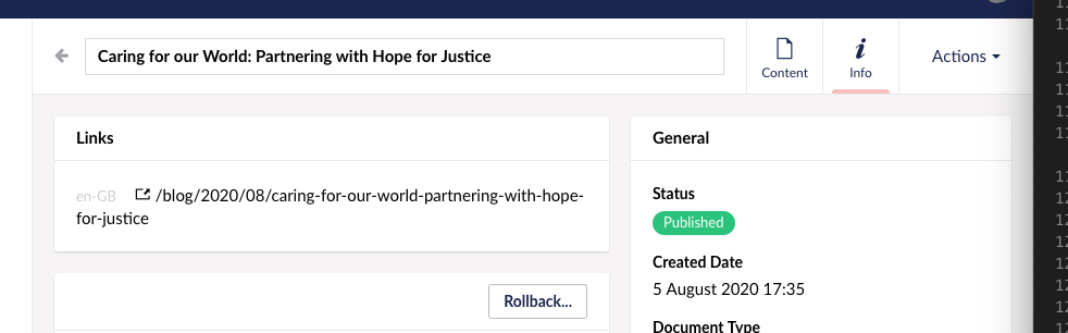 The Umbraco backoffice showing the correct URL for a blog post