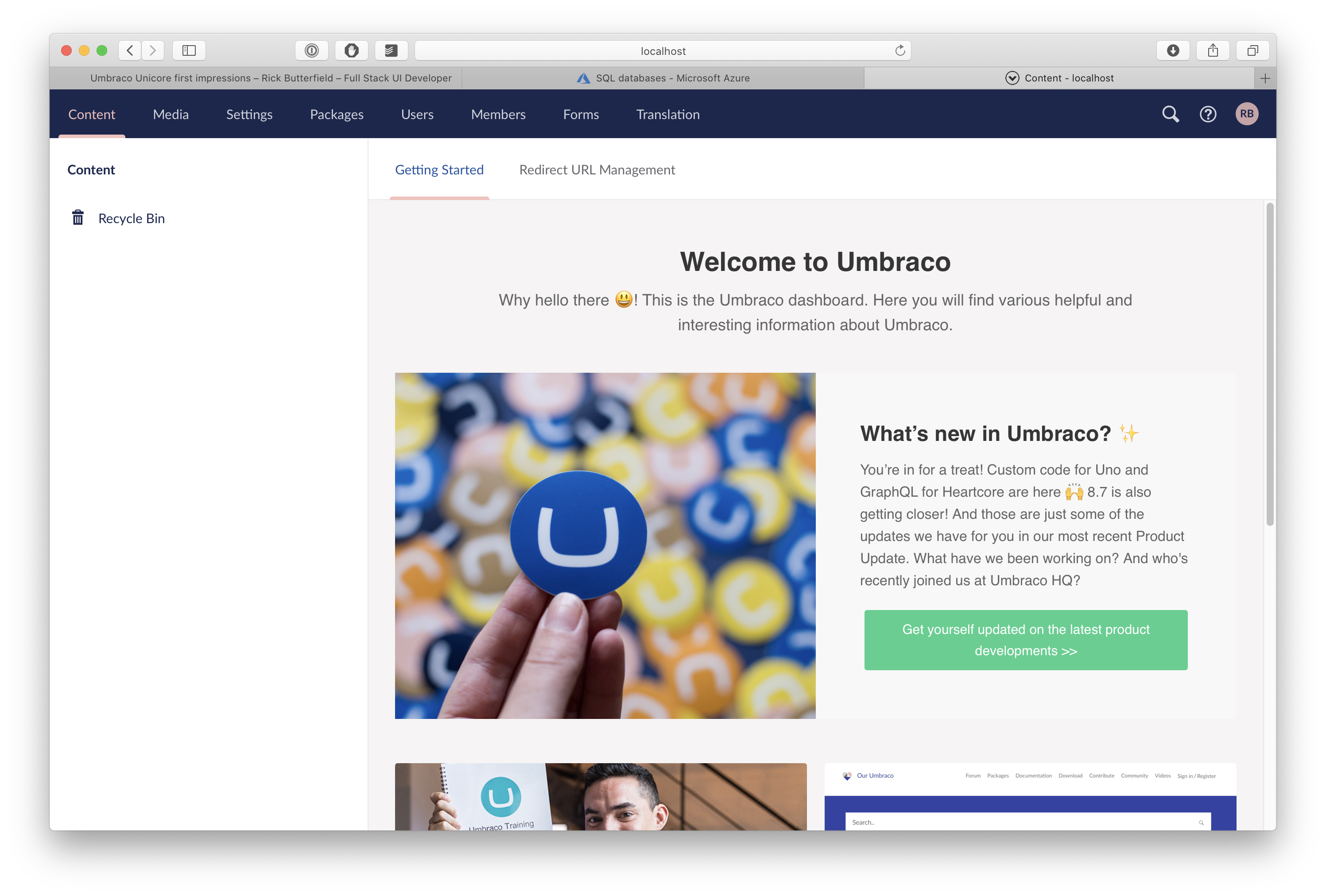The Umbraco vNext dashboard screen running on macOS